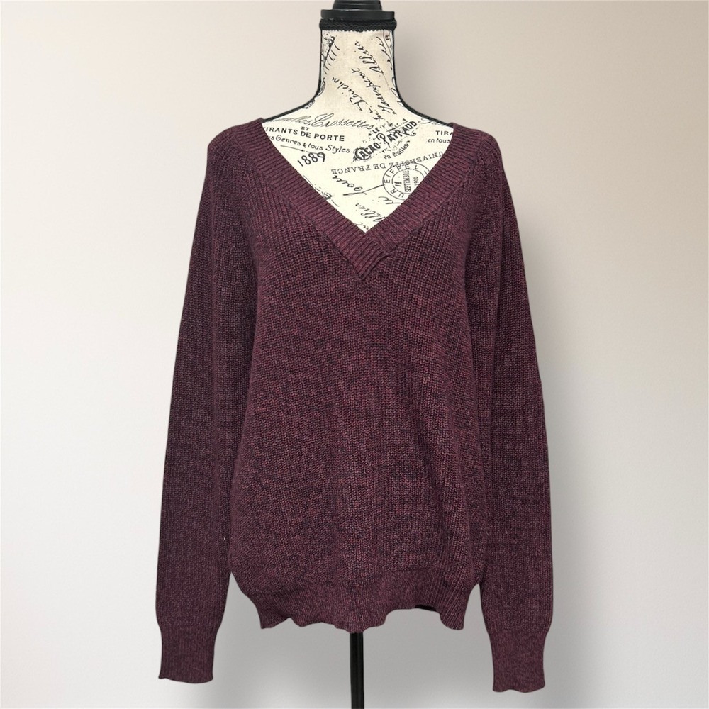 BCBGMAXAZRIA Burgundy Red Knit Oversized V Neck Sweater Long Sleeve Cotton Blend